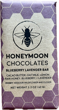 Load image into Gallery viewer, Honeymoon Chocolates - 41% Blueberry + Lavender Raw Honey White Chocolate Bar