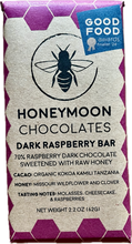 Load image into Gallery viewer, Honeymoon Chocolates - 70% Raspberry Raw Honey Dark Chocolate Bar