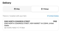 Load image into Gallery viewer, A delivery status card showing a 'Delivery' heading, 'Ship' and 'Pickup' options, a 'United States' location label, and an address block for '9383 North Congress Street, New Market VA 22844' marked as free and usually ready in 2-4 days.