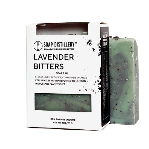 a green bar of soap with black specks. text saying lavendar bitters soap