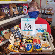 Load image into Gallery viewer, a box of pantry items like moon pies, soup, biscuit mix, and crackers