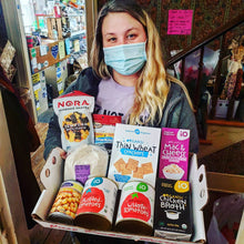 Load image into Gallery viewer, box of pantry items like canned tomatoes, chicken broth, mac n cheese, crackers, tempura, and flour