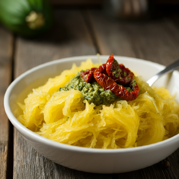 Spaghetti Squash with Pesto and Sun-Dried Tomatoes