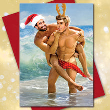 Load image into Gallery viewer, Peachy Kings / Kweer Cards - "Beachy Boys" Gay Christmas Card — Holiday, Queer, LGBTQ+
