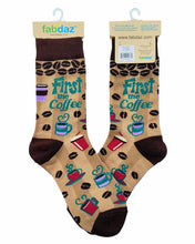 Load image into Gallery viewer, Fabdaz - First the Coffee Then the Things Women&#39;s Crew Socks
