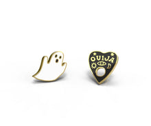 Load image into Gallery viewer, Yellow Owl Workshop - Ghost &amp; Ouija Earrings - Gold Halloween Spooky Studs
