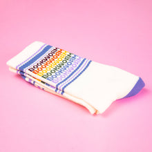 Load image into Gallery viewer, Gumball Poodle - Bookworm - Vintage Rainbow repeat Gym Crew Socks
