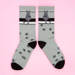 Gumball Poodle - Sitting Gray Tabby Cat Gym Crew Socks