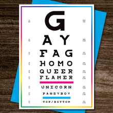 Load image into Gallery viewer, Peachy Kings / Kweer Cards - Gay Eye Chart Birthday Card ( Queer, LGBTQ)
