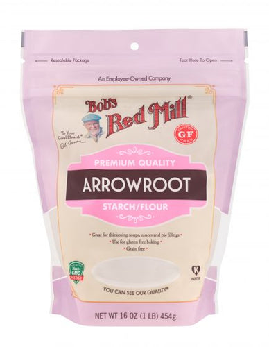 pink back of 1 pound of arrowroot with a gluten free label in red