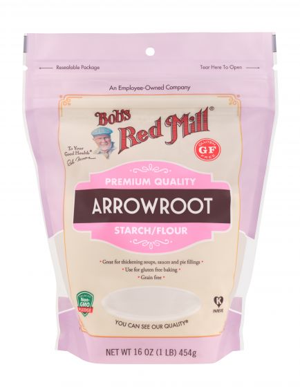 pink back of 1 pound of arrowroot with a gluten free label in red