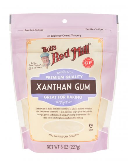 8 oz purple pink bag of xanthan gum with bob smiling