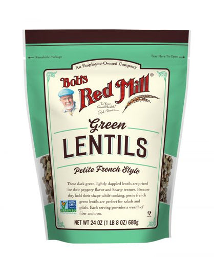 a green bag of bob's red mill's green lentils french style