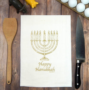 Green Bee Tea Towels - Happy Hanukkah Menorah Flour Sack Tea Towel