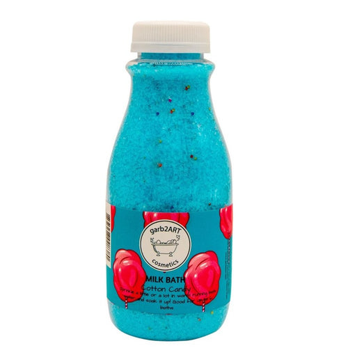blue bottle of cotton candy milk bath