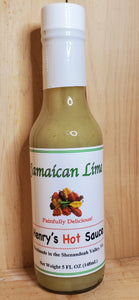 glass bottle with green jamaican lime hot sauce