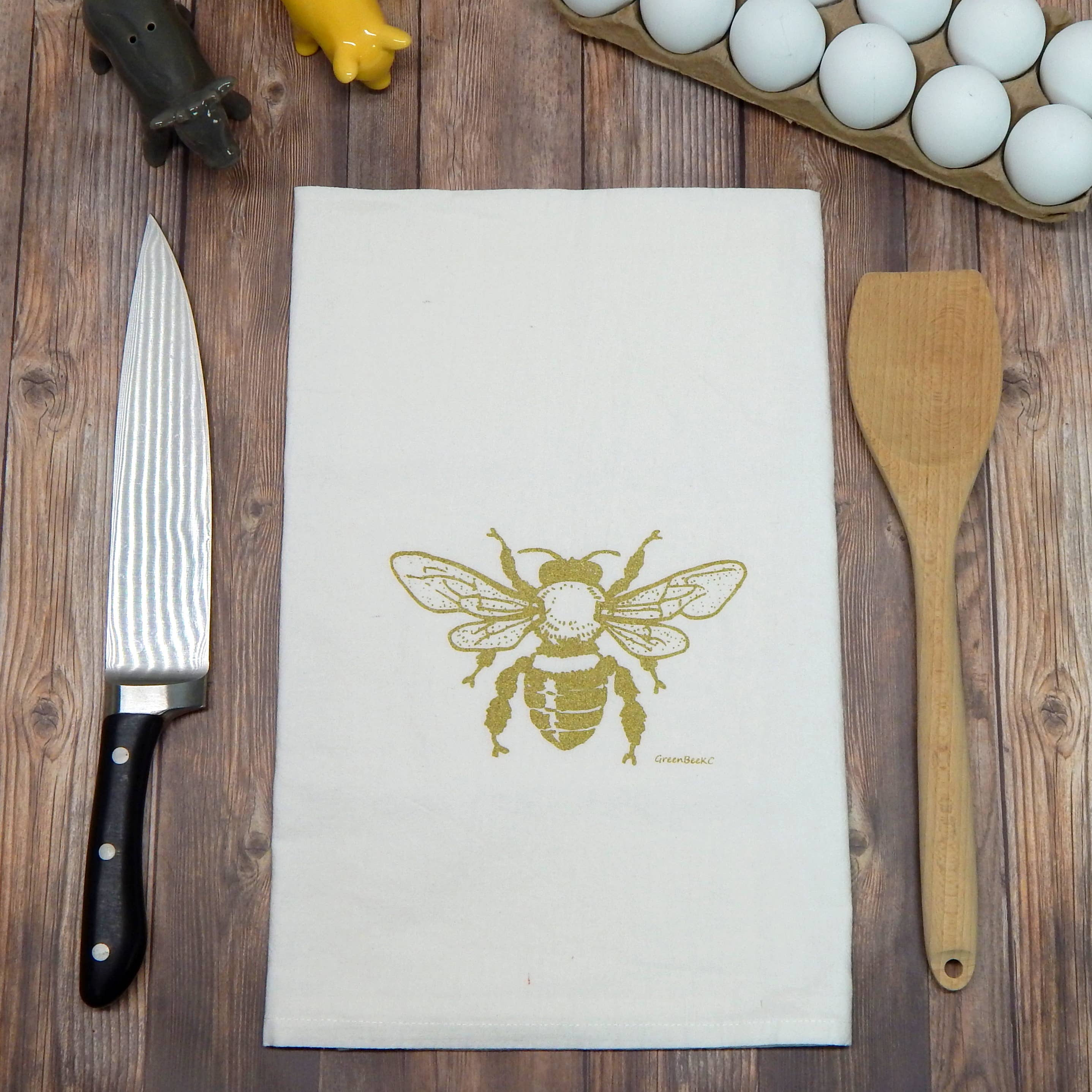 Bee Kitchen Towel, Handprinted Kitchen Towels, Handmade, Natural