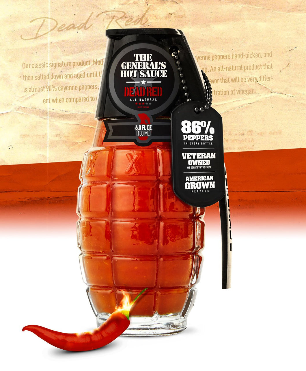  glass hand grenade with red hot sauce
