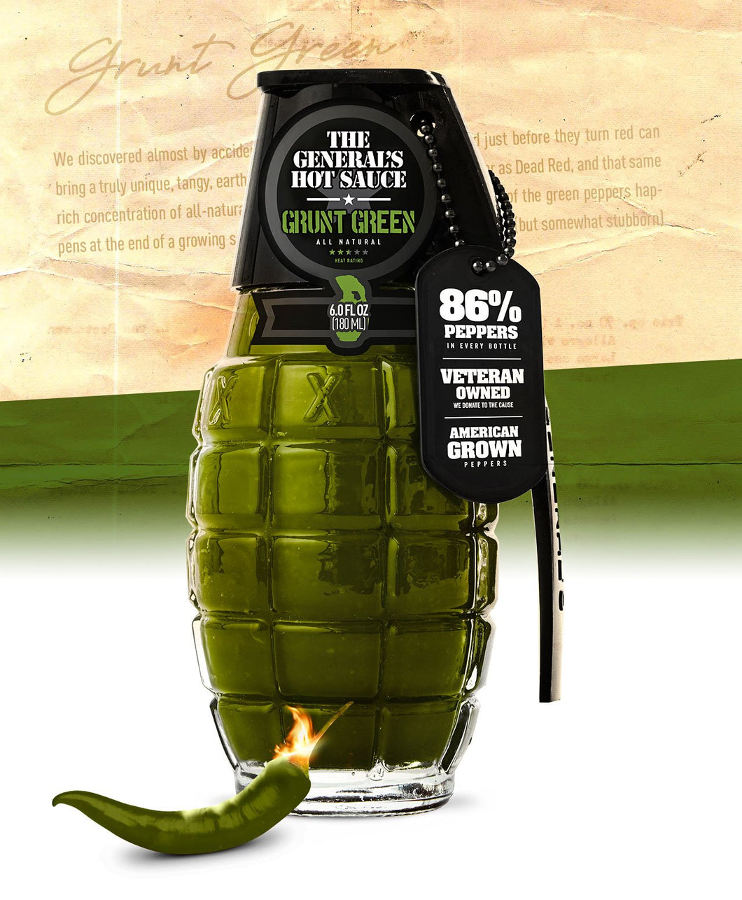 glass bottle in shape of hand grenade with green sauce