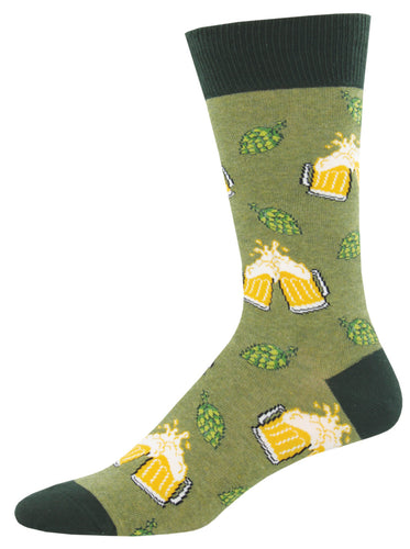 green sock with beer mugs jostling and hop buds
