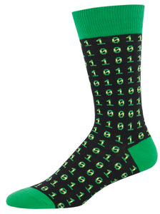 black and green sock with binary code repeated like 1010 around it