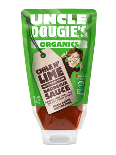 green squeeze bottle of chile lime bbq sauce with a dude smiling