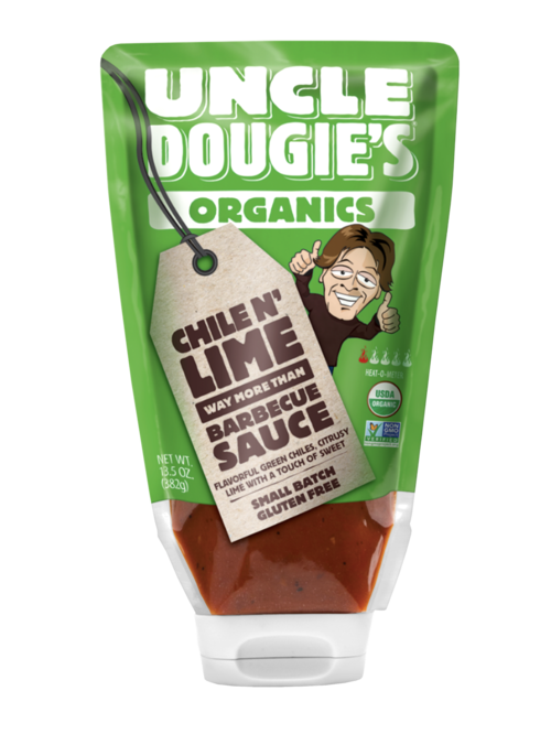 green squeeze bottle of chile lime bbq sauce with a dude smiling