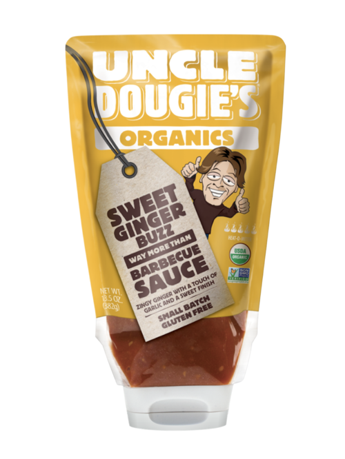 yellow squeeze bottle of uncle dougie organic sweet ginger bbq sauce