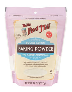 pin bag with blue block lettering stating double acting baking powder with no added aluminum and red gluten free circle label